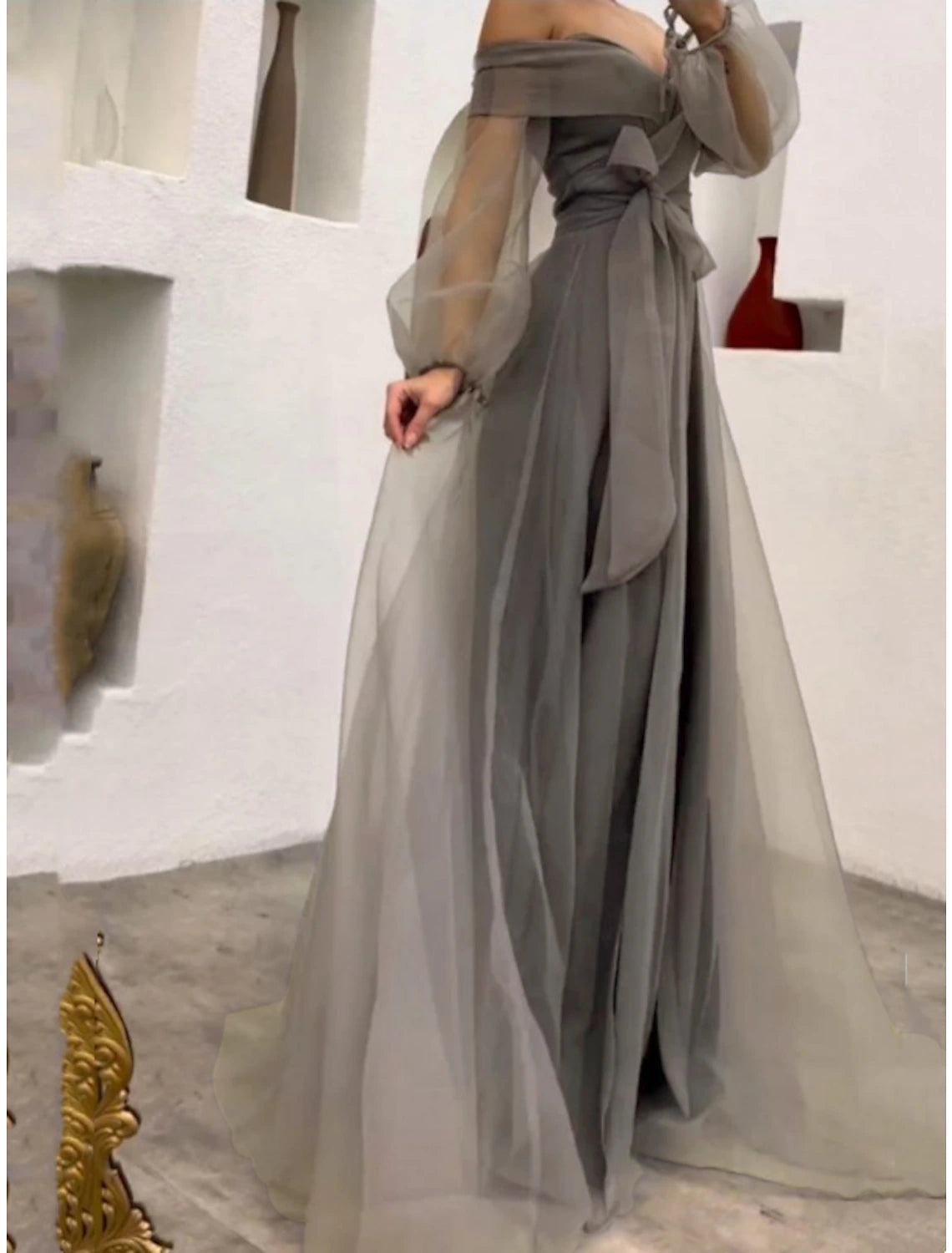 Sheath / Column Prom Dresses Princess Dress Wedding Party Sweep / Brush Train Long Sleeve Off Shoulder Belt / Sash Tulle with Bow(s) Pleats Slit 2025